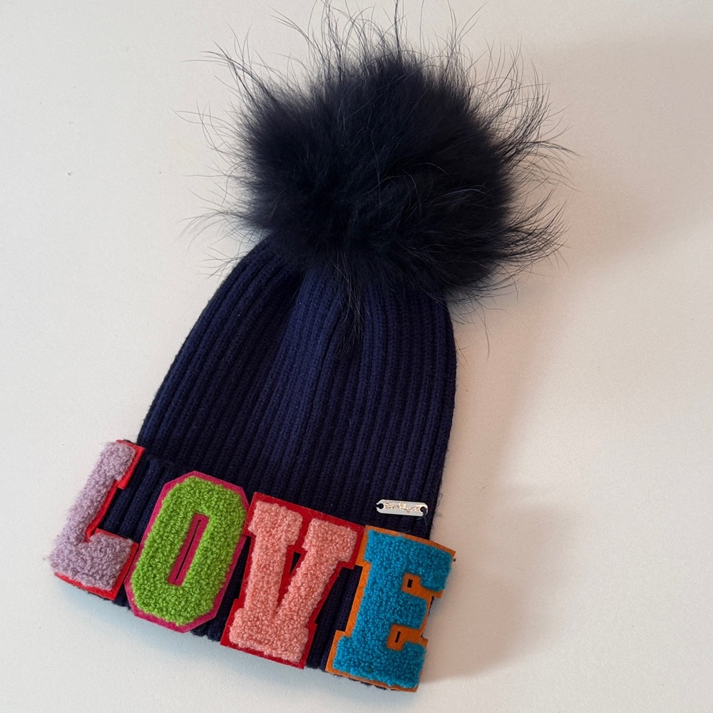 Kids Bari Lynn Pom Pom Beanie with LOVE Design - Navy and Multicolor
